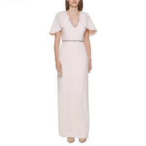 Calvin Klein Womens Blossom Rhinestone Waist Cape Sleeve Gown Dress Size 4 Pink